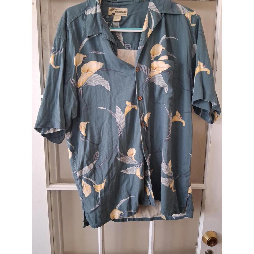 Havana Jack's Cafe Blue Men's Hawaiian Shirt With Flowers Large Silk F1